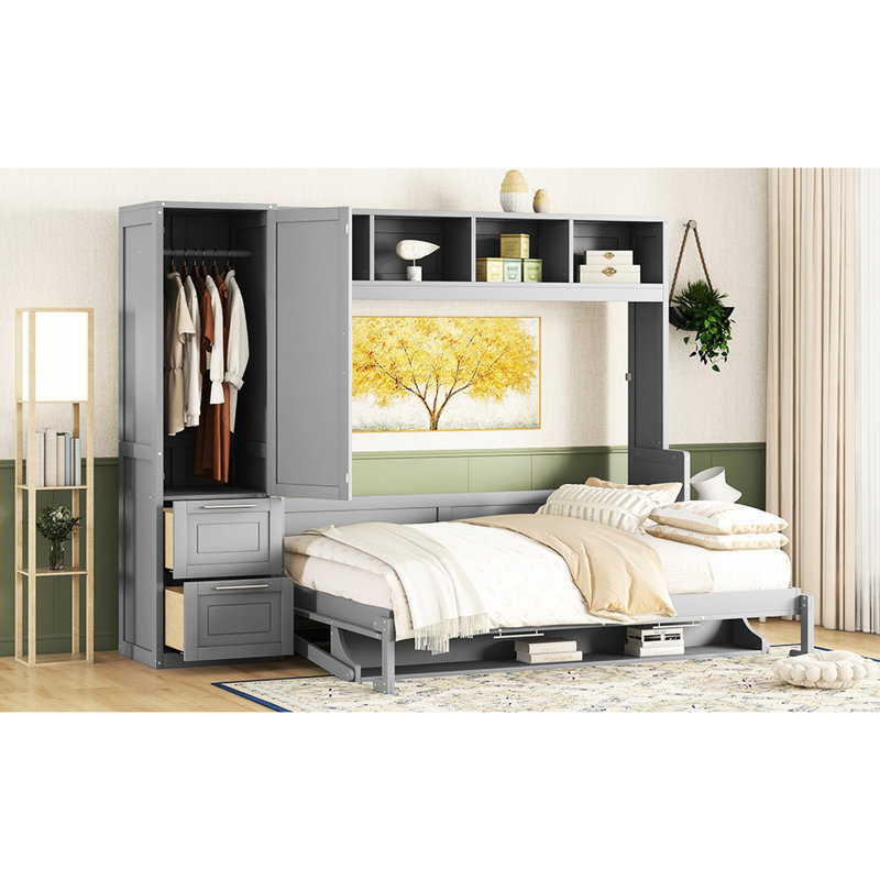Grand lit gris pour une chambre à coucher efficace avec dessous de tablette -