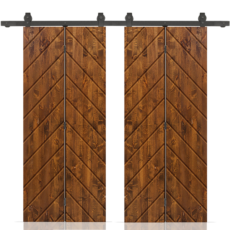Porte de grange double pliante en bois de pin teinté avec quincaillerie coulissante, Noyer, 64 po x 84 po
