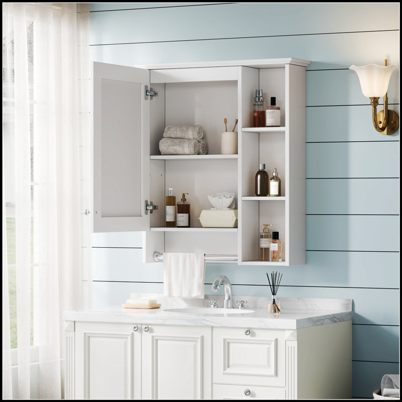 Armoire de salle de bain 3 en 1, fixation murale 24 po avec tablette réglable et barre à serviettes, miroir haute définition pour rangement de meuble-lavabo