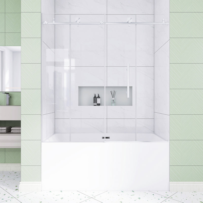 56-60 In. W × 60 In. H Frameless Shower  With 1/4" Tempered Glass In Brushed Nickel |  Explosion Proof Film |   Stainless Steel Handle