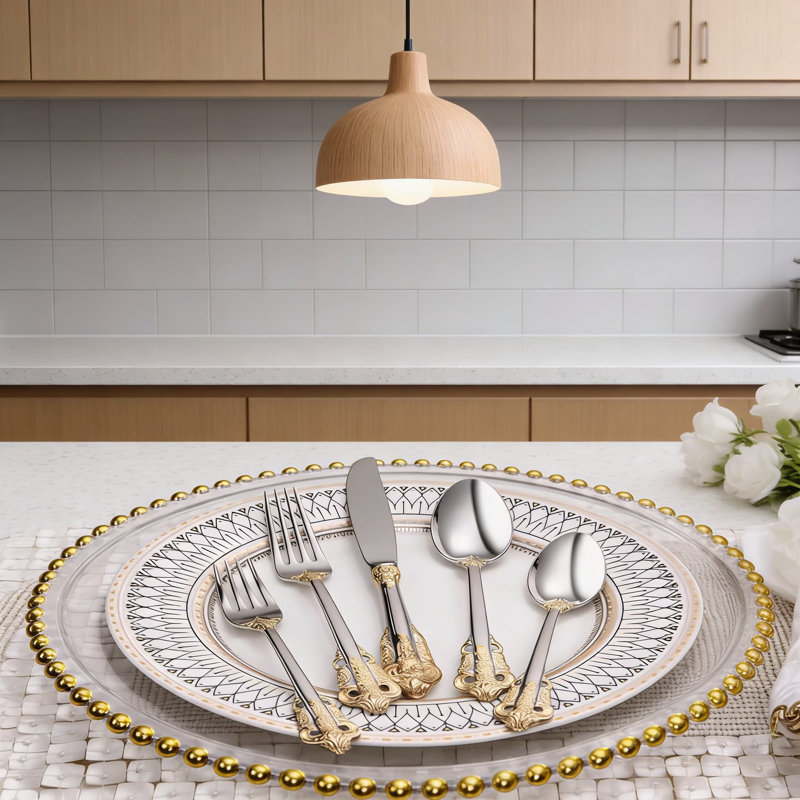 Ensemble de couverts de luxe 20 pièces, ensemble de couverts en acier inoxydable 304 avec accents dorés, ensemble de couverts polis miroir pour un dîner raffiné et des occasions spéciales