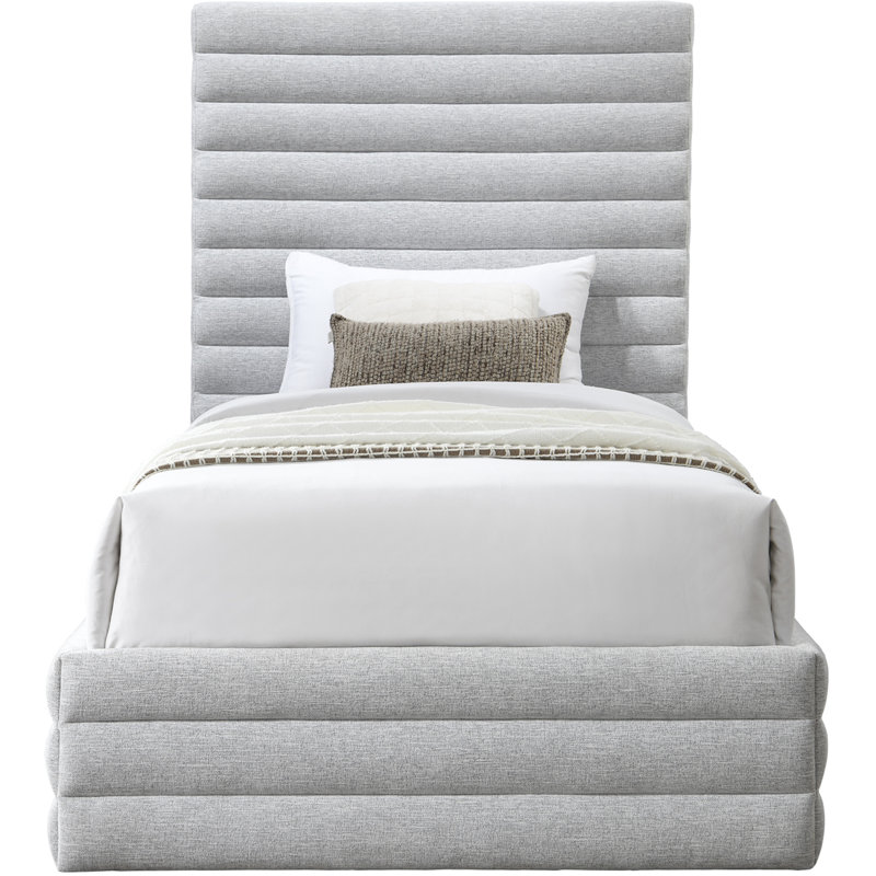 Lit plateforme tapissier Maxwell, Tissu texturé en lin gris, Simple