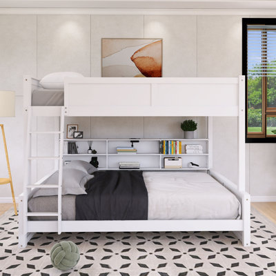 Lit superposé double très grand avec cadre en bois avec tablettes de rangement et ports USB