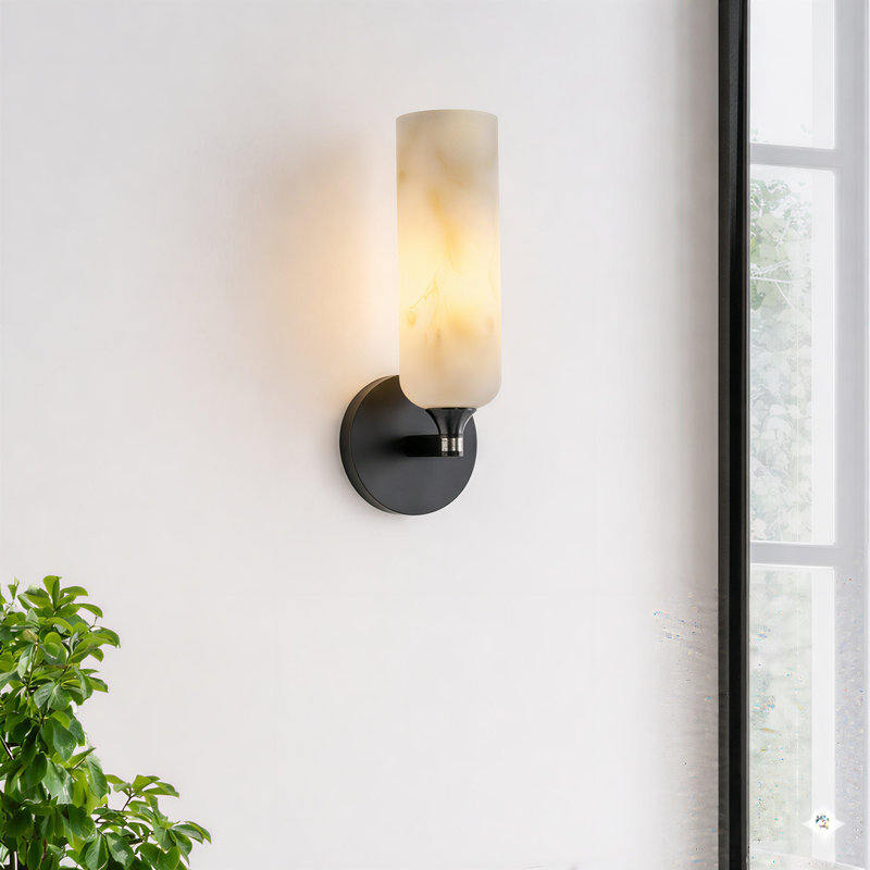 1 - Light 12" Dimmable Modern Armed Wall Sconce With Faux Alabaster Shade, Matte Black