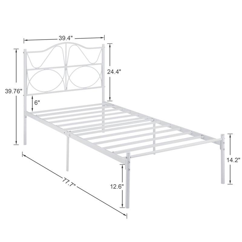 Metal Bed Frame with Headboard Heavy Duty Strong Steel Slat Support Platform Twin Size Bed No Box Spring Needed, Easy Assembly, White