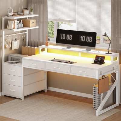Modular L-Shaped Steel Computer Desk with Built-In Electrical Outlet