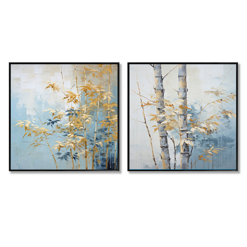 Danse de bambou bleue et dorée - ensemble de 2 collages carrés en bambou, Cadre flottant noir, H 16 po x l 33 po
