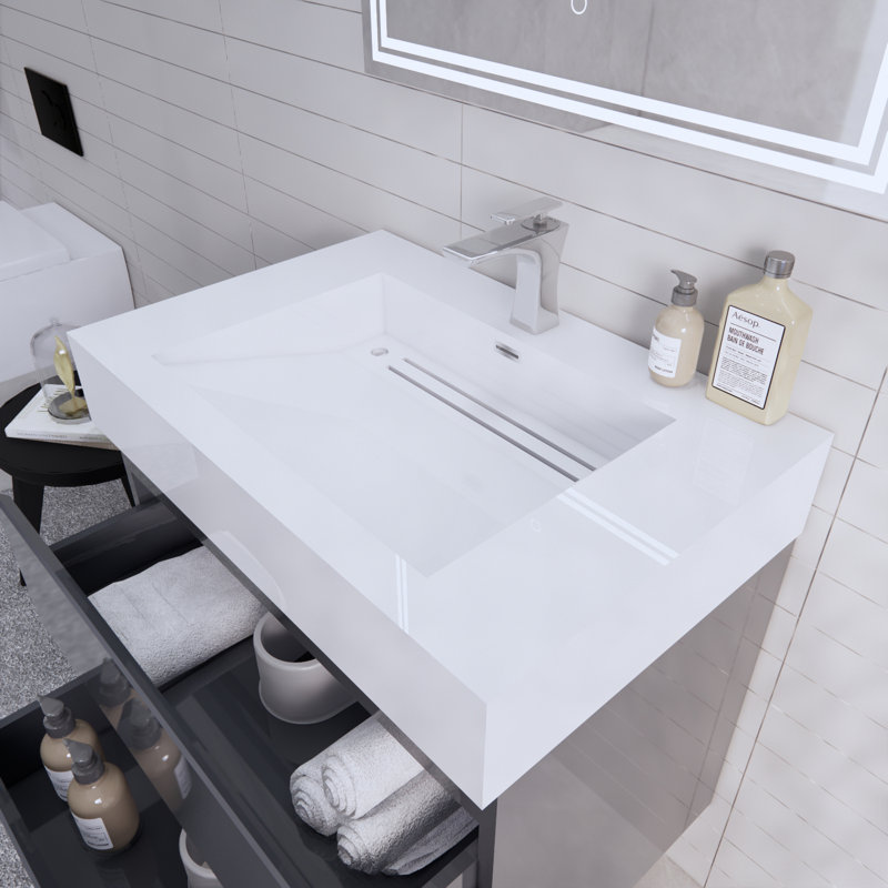 Ensemble de meuble-lavabo mural simple 30 po Babajide, Gris à haute brillance