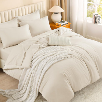 Andency Bed in a Bag King Beige - 7 Pieces King Size Comforter Set Bedding Comforter Sets, Solid Fluffy Bed Set with Comforter, Sheets, Pillowcases & Shams