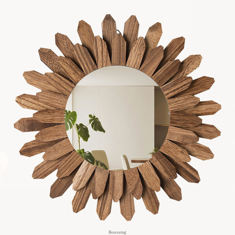 Miroir mural bohème rustique en bois noir carbonisé de 30 cm (12 pouces), motif soleil.