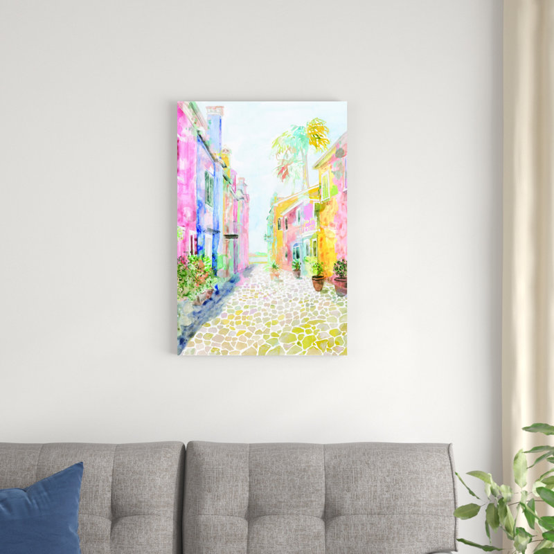 Watercolor Charleston Rainbow Row Homes - Peinture sur toile, H 30 po x l 20 po, Toile tendue, Sans cadre