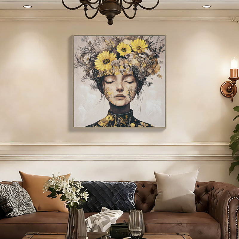 Art mural moderne sur toile à motif floral doré et blanc - reproduction élégante de beauté pour le salon et la chambre à coucher - œuvre d'art moderne 24 x 24 pouces | Idée de cadeau