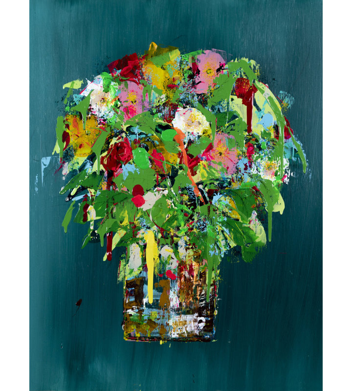 Flowers On Teal Print by Jphono 1, Wrapped Canvas, 32" H x 24" W, No Mat