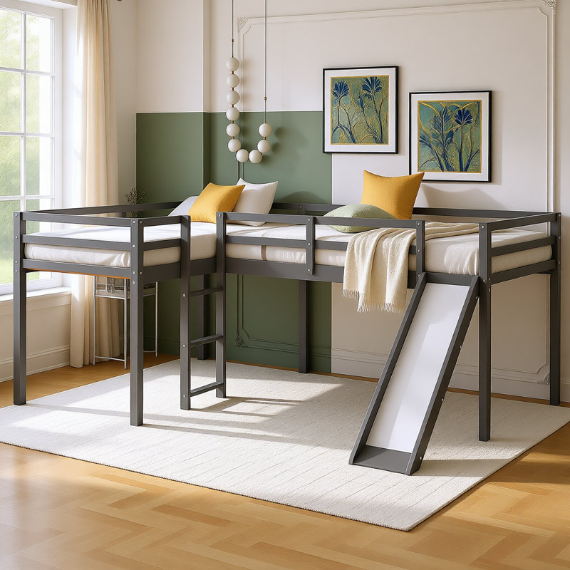 L-Shaped Twin Size Loft Bed with Slide & Widened Ladder | Corner Design, Solid Wood Frame & Space-Saving Layout, Gray