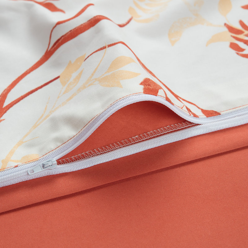 Twin Orange Floral Print Reversible Microfiber Duvet Cover Set
