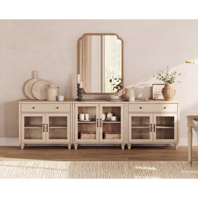 Buffet de style champêtre avec 2 tiroirs et 6 portes vitrées, 257 cm (101 pouces), beige