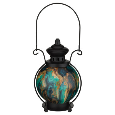 14.5 Inch Glass and Metal Swirl LED Solar Powered Outdoor Lantern with Decorative Hanging Hook and Rechargeable Battery
