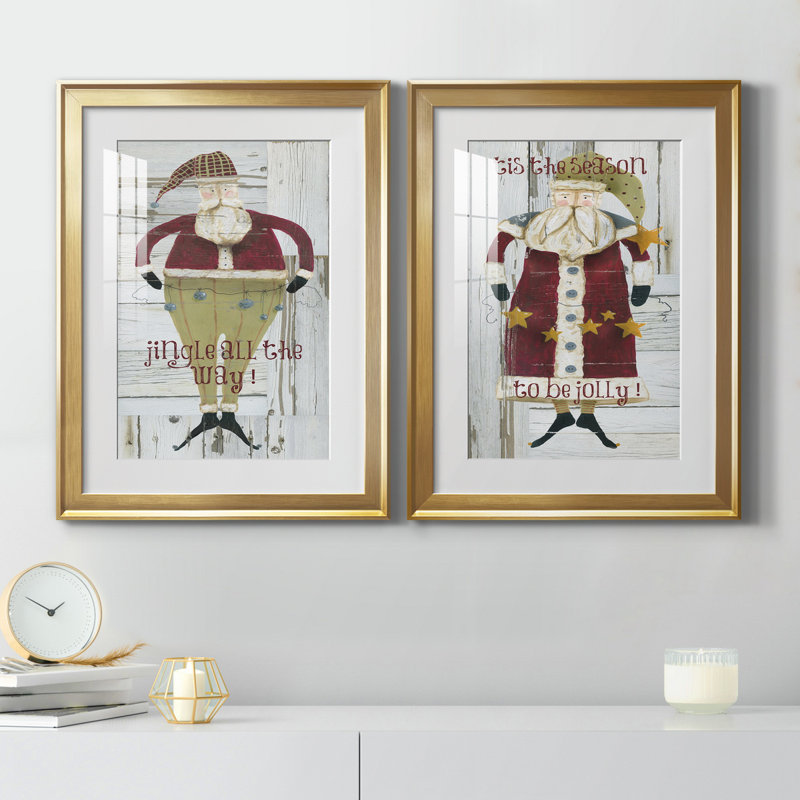 Jingle Santa - ensemble de 2 reproductions, H 18,5 po x l 49 po x P 1,5 po, Papier encadré doré, Blanc