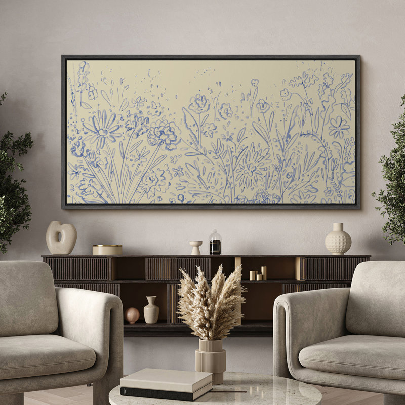 «Blue Botanical Line Art», toile encadrée - fond beige avec croquis floraux, Noir, H 30 po x l 60 po