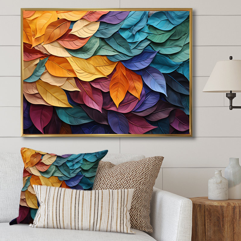 «Colorful Leaves Collage III - Leaves», reproduction sur toile encadrée, H 24 po x l 32 po x P 1 po, Cadre flottant doré