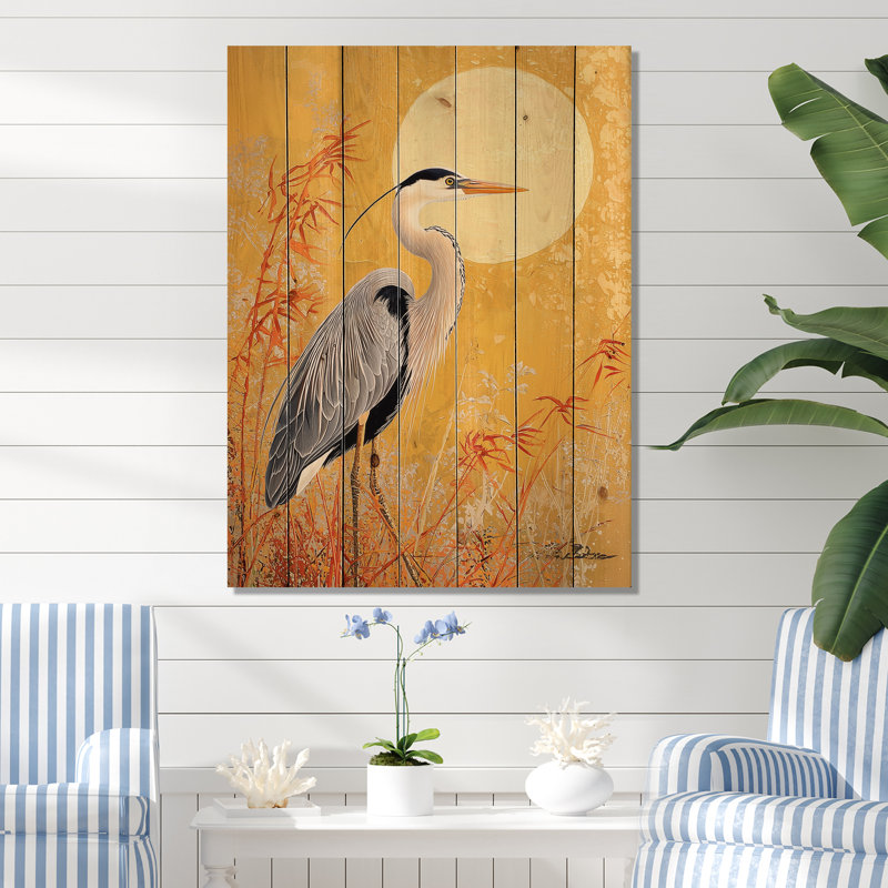 Portrait de héron au soleil II - Art mural moderne sur bois de pin naturel, H 44 po x l 34 po