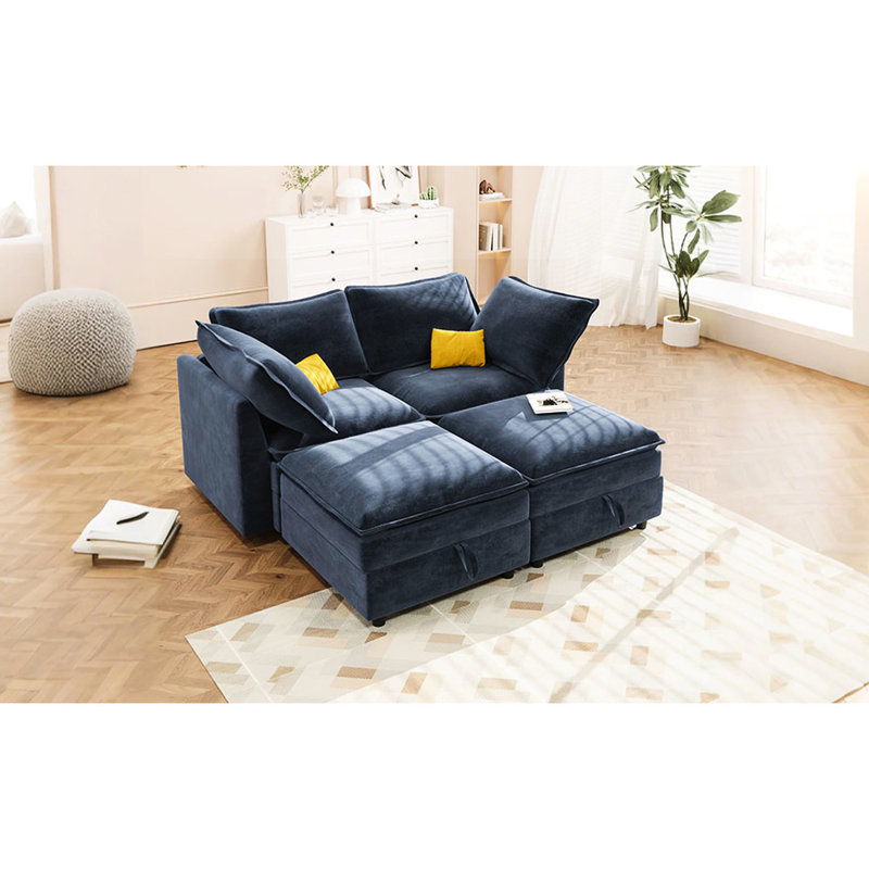 Ensemble de rangement modulaire pour 4 personnes avec housse en chenille bleue, structure solide, salon confortable, rangement de 63 po x 35 po sous les 4 po, sièges confortables