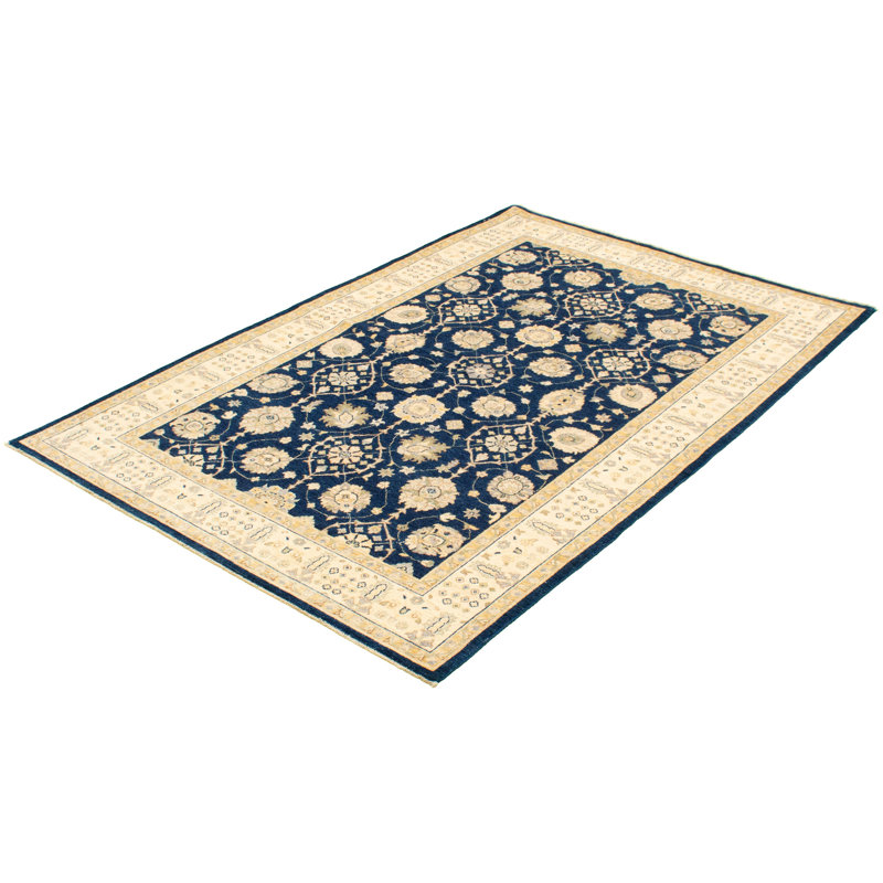 Tapis décoratif en laine noué à la main de conception unique 6 pi x 8 pi 10 po Deshay New Age marine foncé/beige