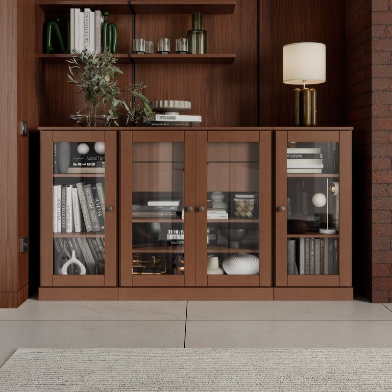 100% Solid Wood 65" Sideboard with Clear Glass Doors, 2-Drawers and Adjustable Shelves, Mocha