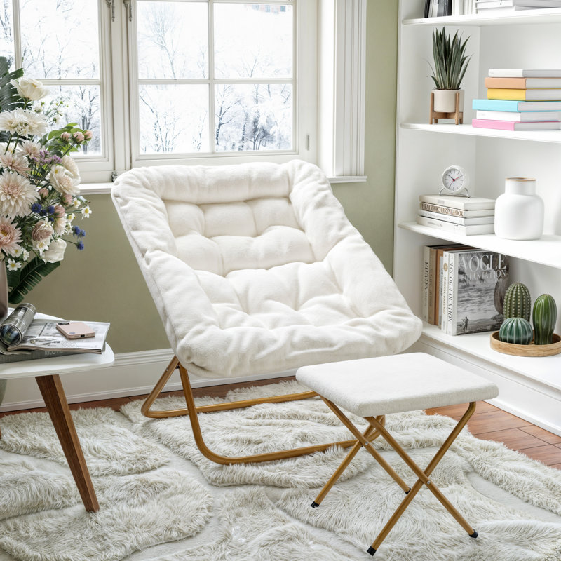Oversized Folding Upholstered Saucer Chair With Ottoman, White Polyester