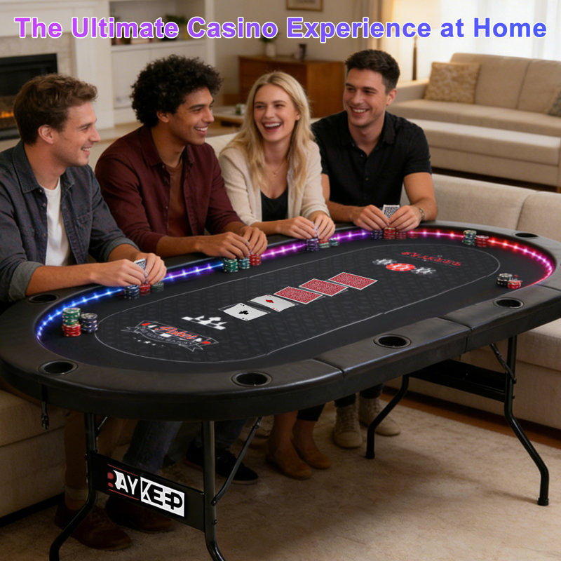 Table de poker pliante 84 po à DEL 84 po - Table Texas Hold'em pour 10 joueurs pour bar à domicile et caverne d'homme avec accoudoirs rembourrés et porte-gobelets