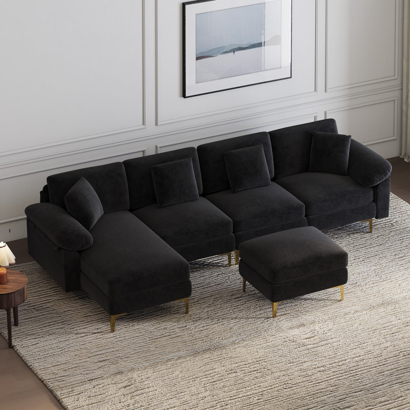 114" U Shaped Chenille Sectional Sofa with Chaise Ottoman and Gold Legs, Black Velvet