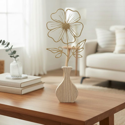 Haight Metal Flower Décor On Wooden Base Hibiscus Gold