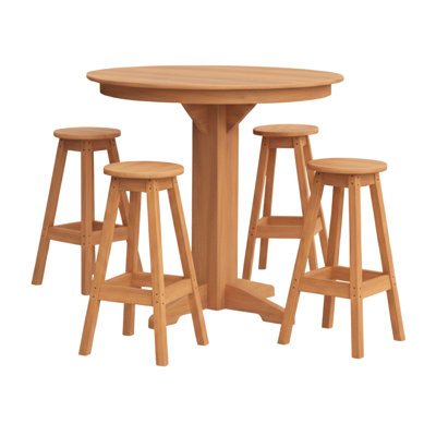  Poly Composite Sierra 5-Piece Bar Set with Round Table, Natural Teak Wood Grain