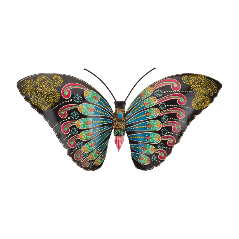 Décoration murale 17 po avec fond en forme de papillon au henné et accents peints - mauve noir, Mauve / noir