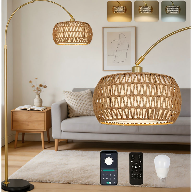 Gold Arc Floor Lamp With Remote & Dimmable Bulb, Boho Rattan Standing Lamp With 3 Color Temperatures, Height Adjustable Tall Lamp For Living Room Bedroom Over Couch Reading