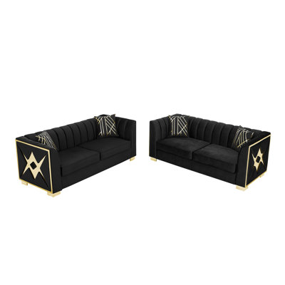 Ensemble de canapé de style Chesterfield de 81,1 pouces en velours capitonné à boutons avec 2 coussins, 3 places avec accents en acier inoxydable doré pour le salon, velours