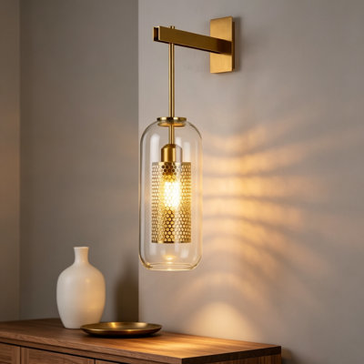 Brass Glass Wall Sconce, Modern Industrial Wall Light with Honeycomb Design, Plug-in/Built-in Switch, Metal Fixture for Bedroom Living Room