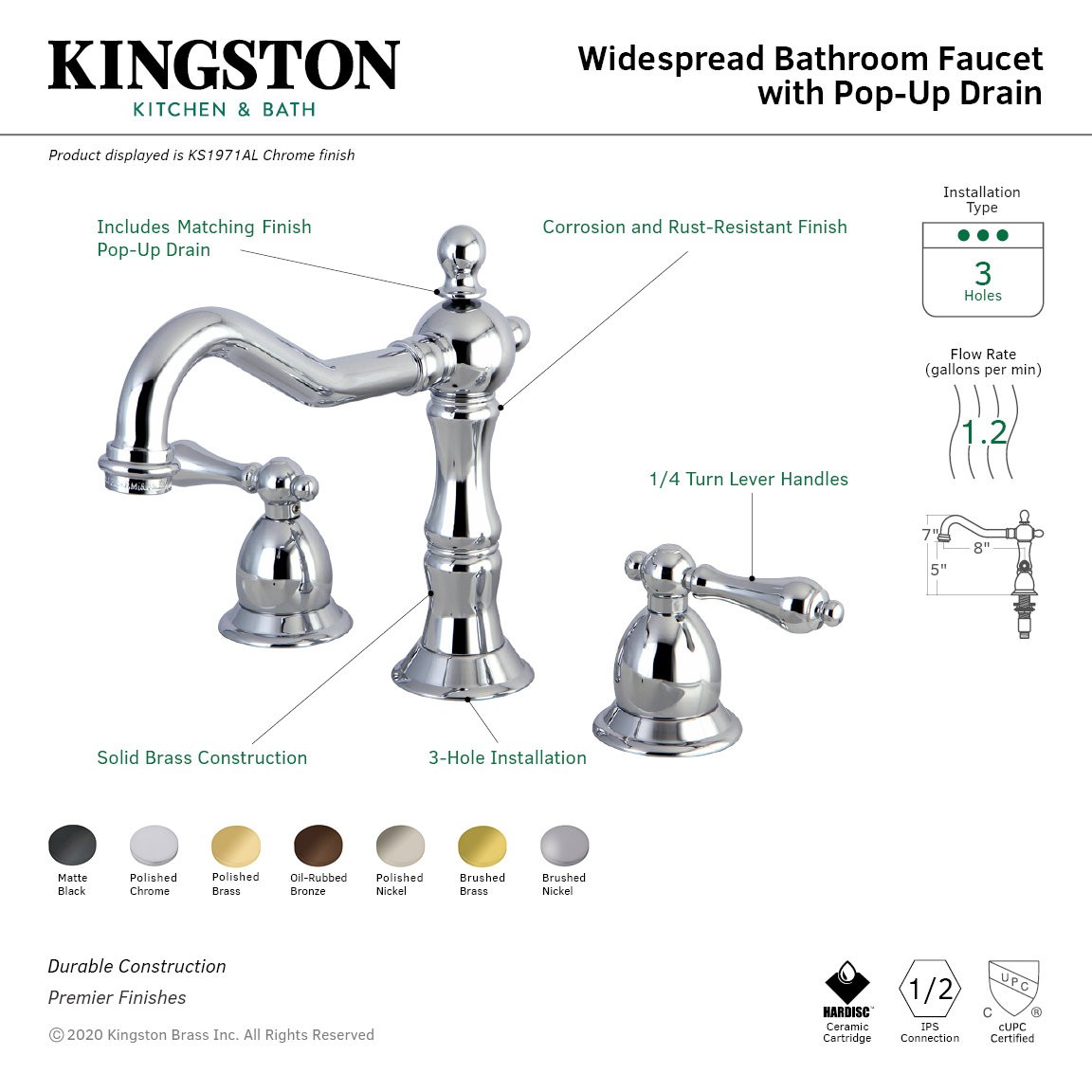 Kingston Brass Heritage Two-Handle 3-Hole Deck Mount Widespread Bathroom Faucet with Brass Pop-Up Drain, Polished Nickel