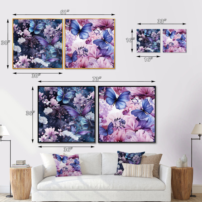 Lavender Fluttering Butterflies Pattern - Animals Butterfly Square Collage Set Of 2, 16" H x 33" W, Black Floater Framed