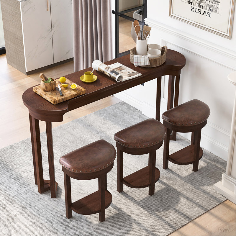 4 Piece Bar Table Set With3 PU Upholstered Bar Stools, Breakfast Table With 3 Padded Stools Solid Wood Counter Height Dining Table Set For Living Room, Dining Room.  Cherry