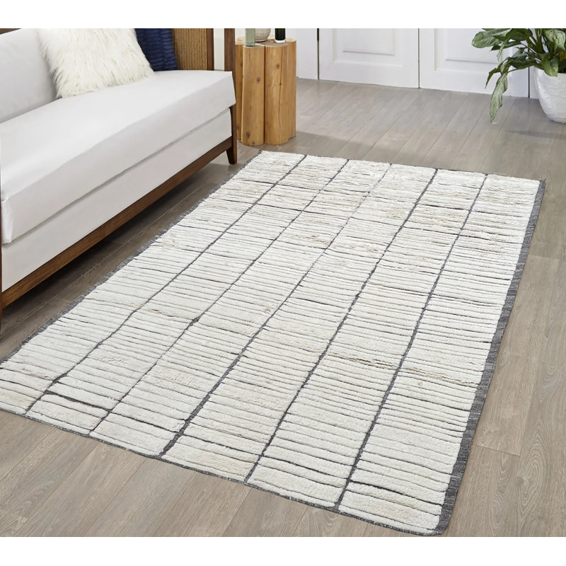 Tapis moelleux moelleux en laine noué à la main à motif marocain beige et ivoire, Rectangle 10 pi x 13 pi