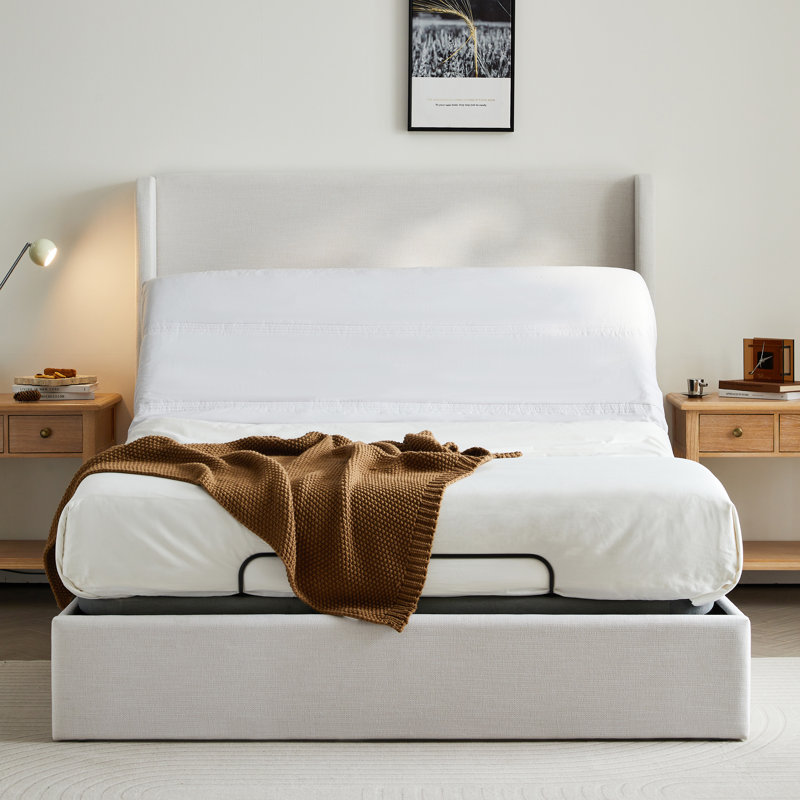 Ensemble de lit à oreilles tapissier Caron avec base réglable, ensemble en chenille ivoire texturé grand format, inclinaison de la tête et des pieds, gravité zéro, massage, application et télécommande, assemblage facile, sans bruit