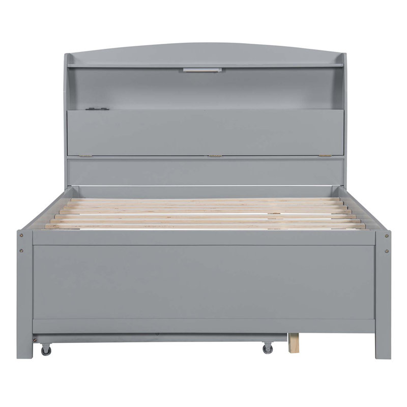 Lit plateforme en bois avec lit gigogne et tête de lit à DEL avec tiroirs, Gris, Lit double