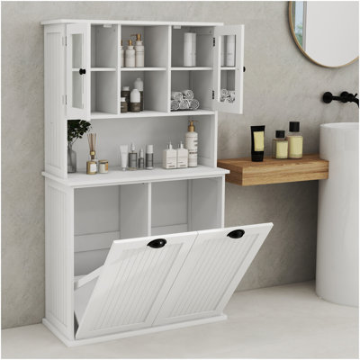 Grande armoire de salle de bain à deux compartiments avec panier à linge inclinable et 2 tablettes réglables - blanc