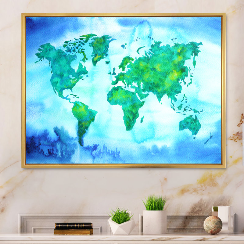 «World Map Blue Green Tone III», reproduction sur toile flottante, H 30 po x l 40 po x P 1,5 po, Cadre flottant doré