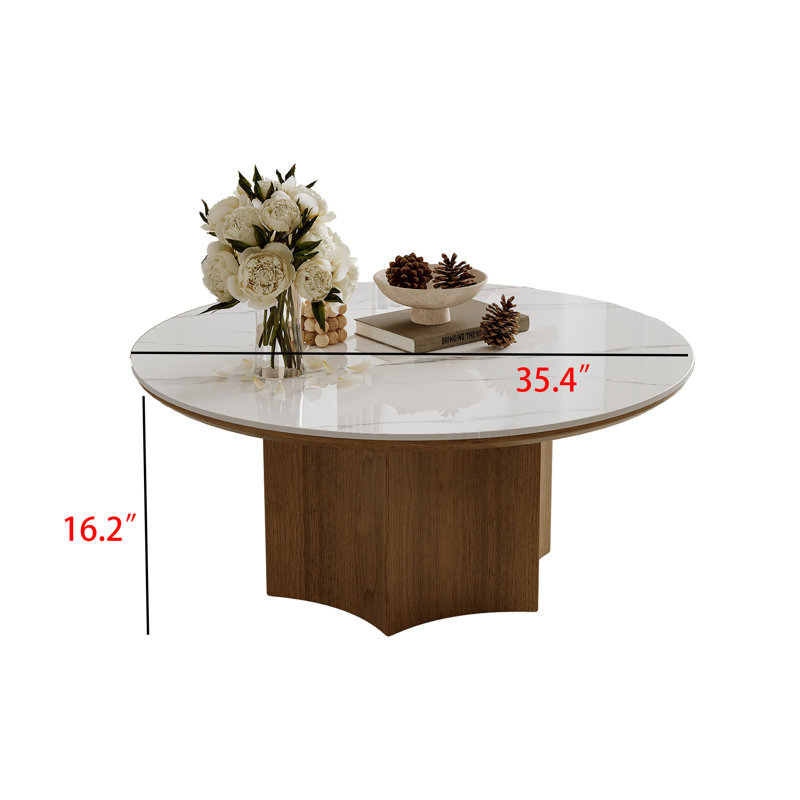 Table basse ronde en faux marbre avec base en bois massif - Table basse de salon moderne facile à assembler pour la décoration intérieure