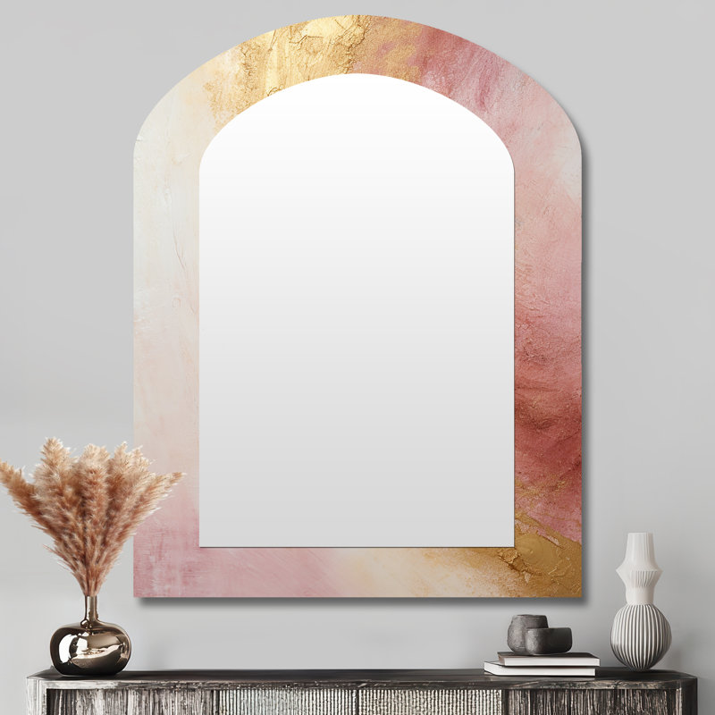 Or rose, désert, mirage en spirale I - grand miroir mural asymétrique spirales abstraites, miroir décoratif arqué doré, impression sur métal
