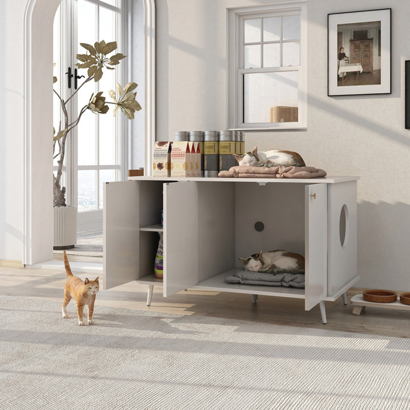 Enceinte de litière, meuble de litière pour chat avec fiche cachée, 3 portes, table de rangement pour salle de bain pour chat