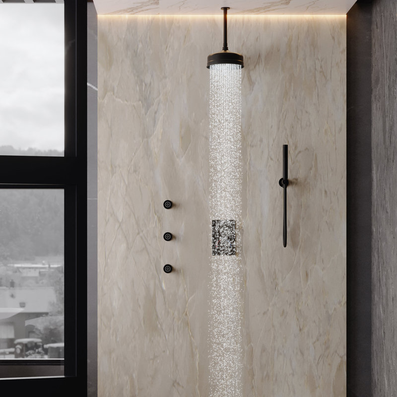Thermostatic Rainfall Complete Shower System with 3 Body Jets and Handheld Spray, Matte Black