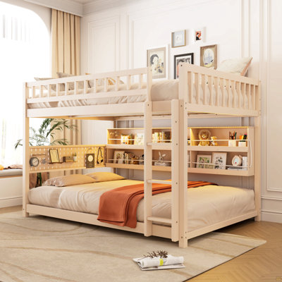 Lit superposé double XL avec étagères intégrées, éclairage aux couleurs changeantes et panneau perforé, beige